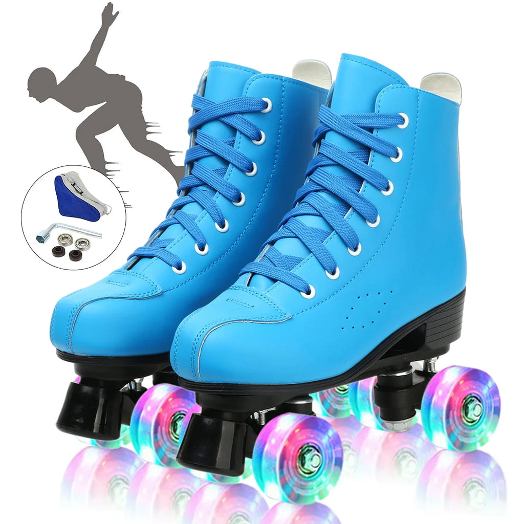 Flashing Wheels Leather Double-Row Roller Skates B58527