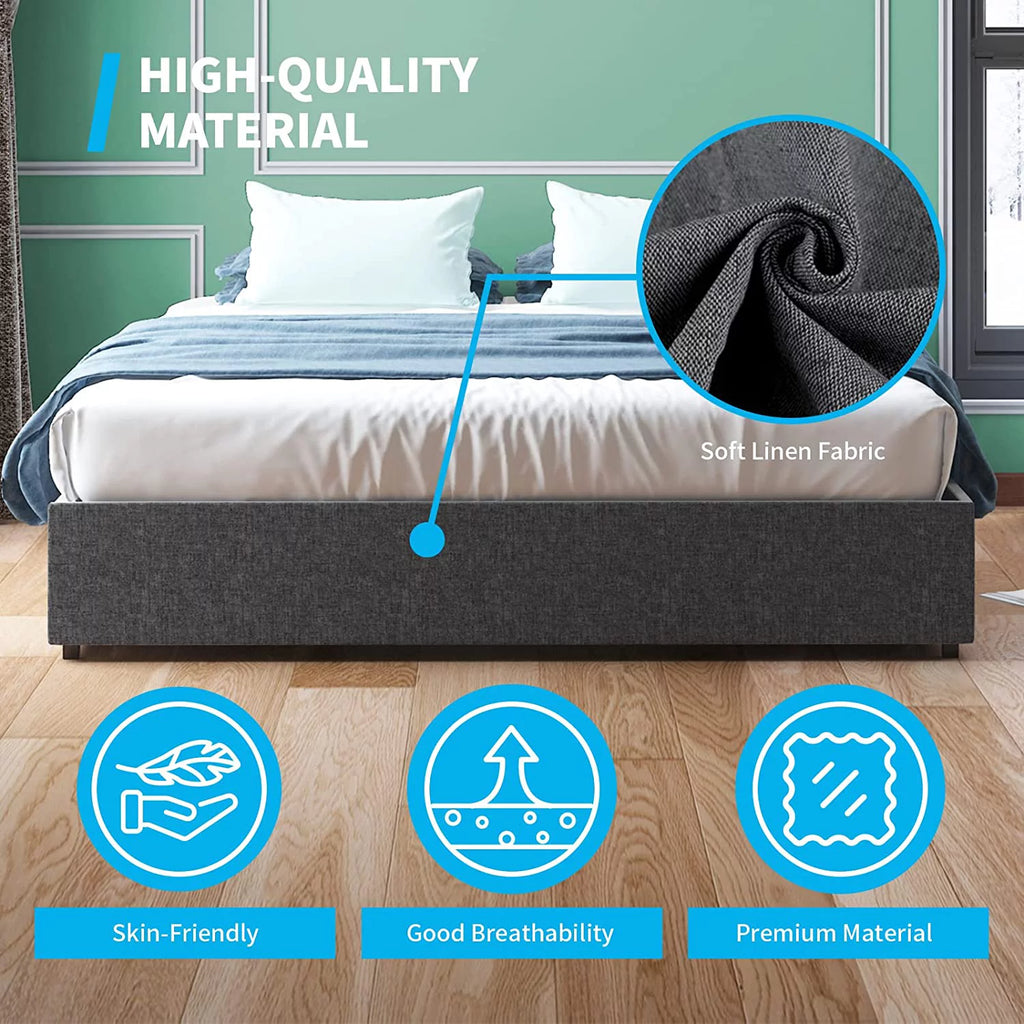 Cal King Size Platform Bed Frame with 4 Storage Drawers Cotton Linen Fabric Dark Grey K5516