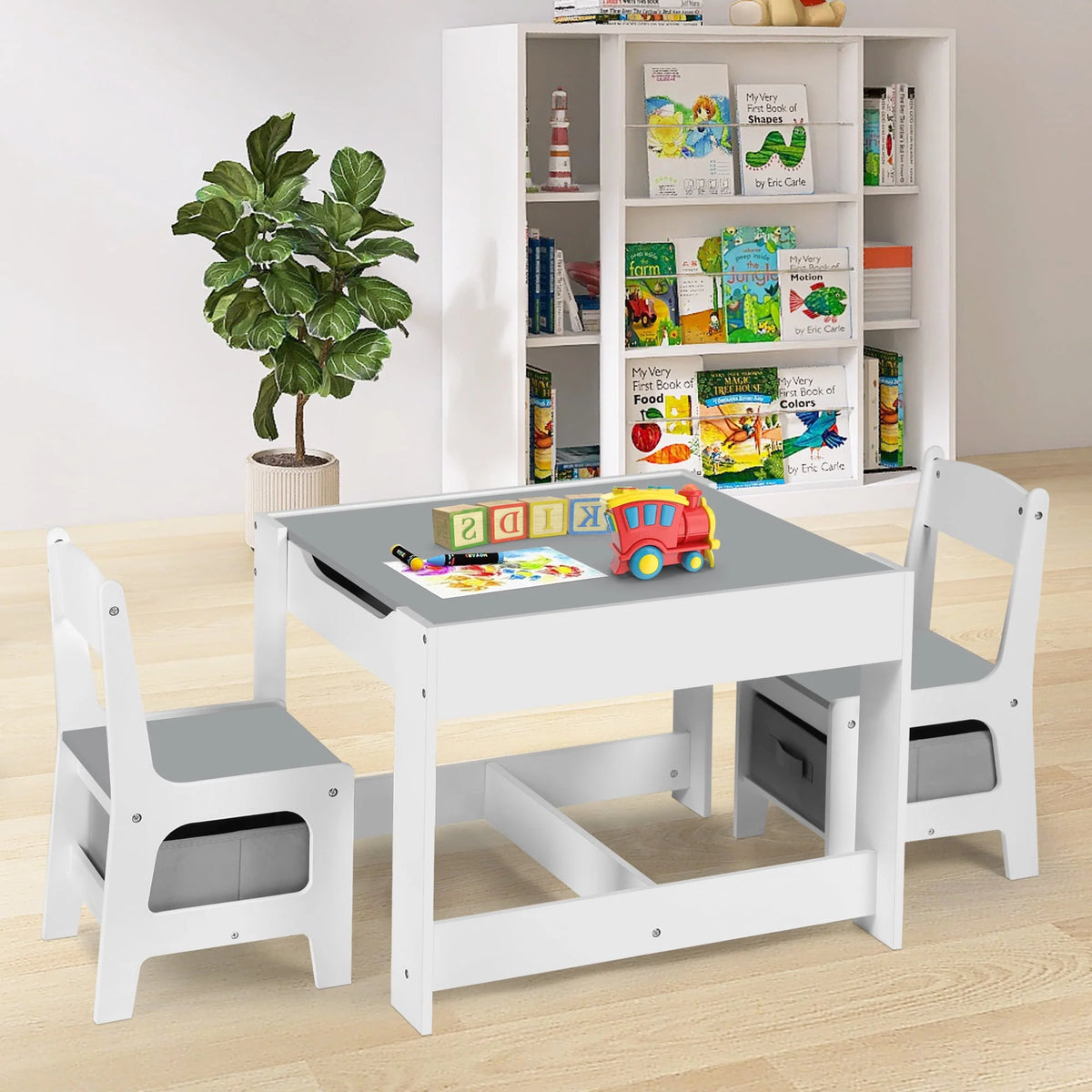 3 in 1 Kids Wood Table & 2 Chairs Set Grey Q352