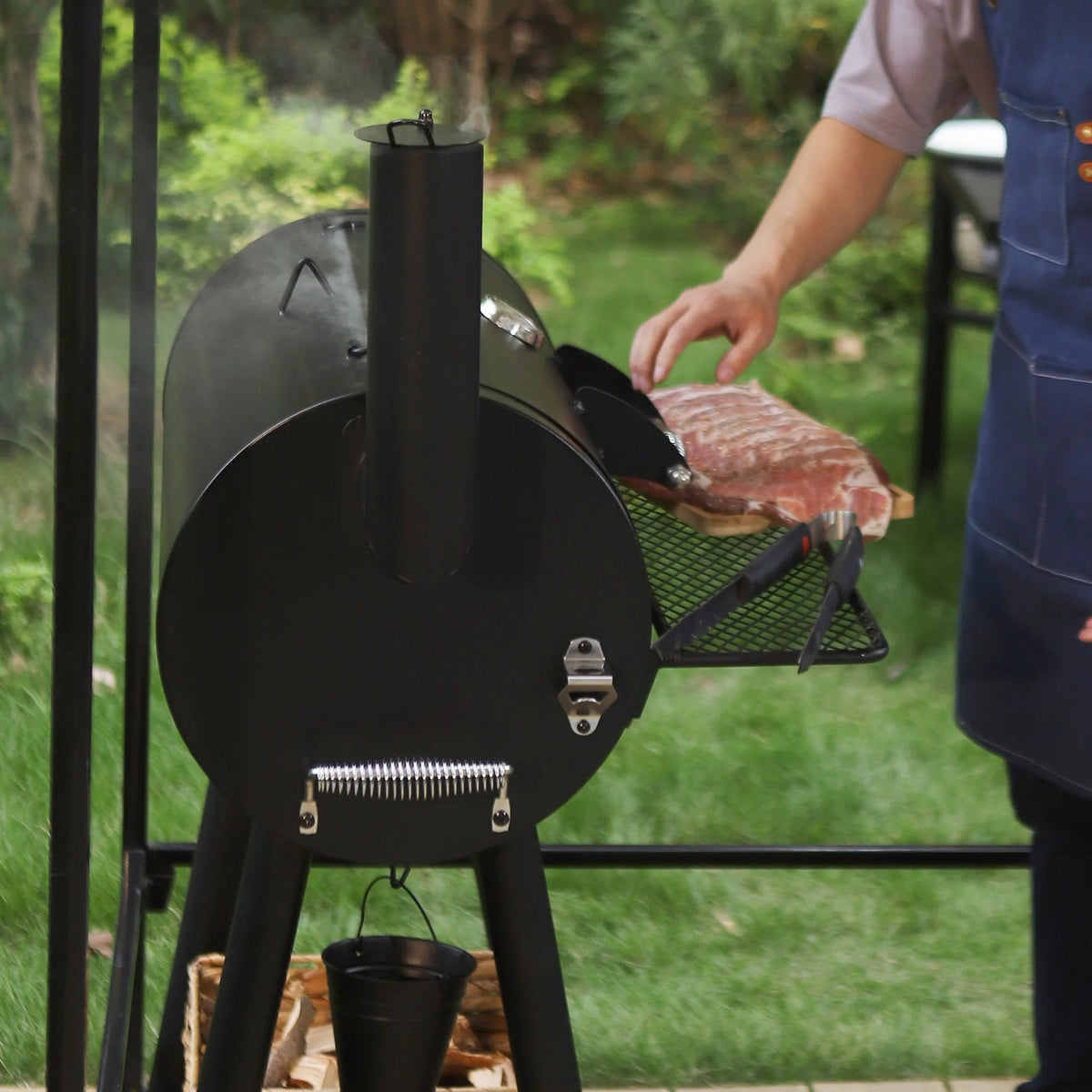 Steel BBQ Charcoal Grill with Offset Smoker in Black E8973