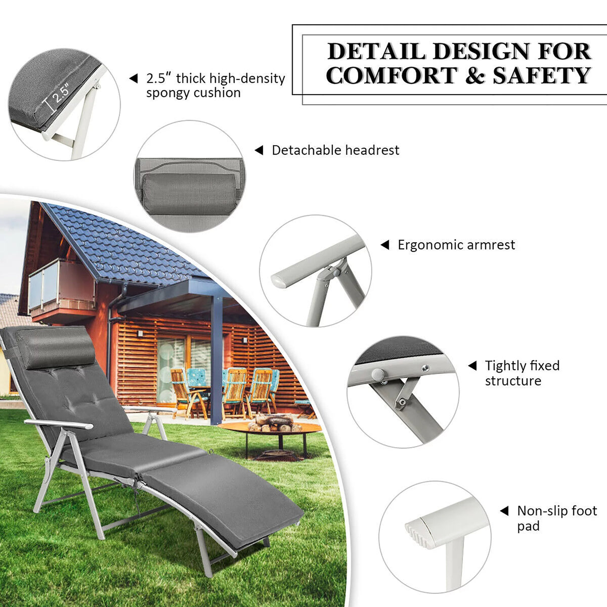 Black Outdoor Folding Chaise Lounge Chair with Cushion I9013