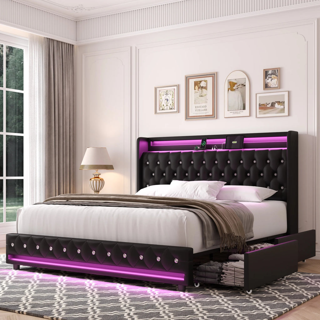 King Size LED Bed Frame with 4 Storage Drawers D81251