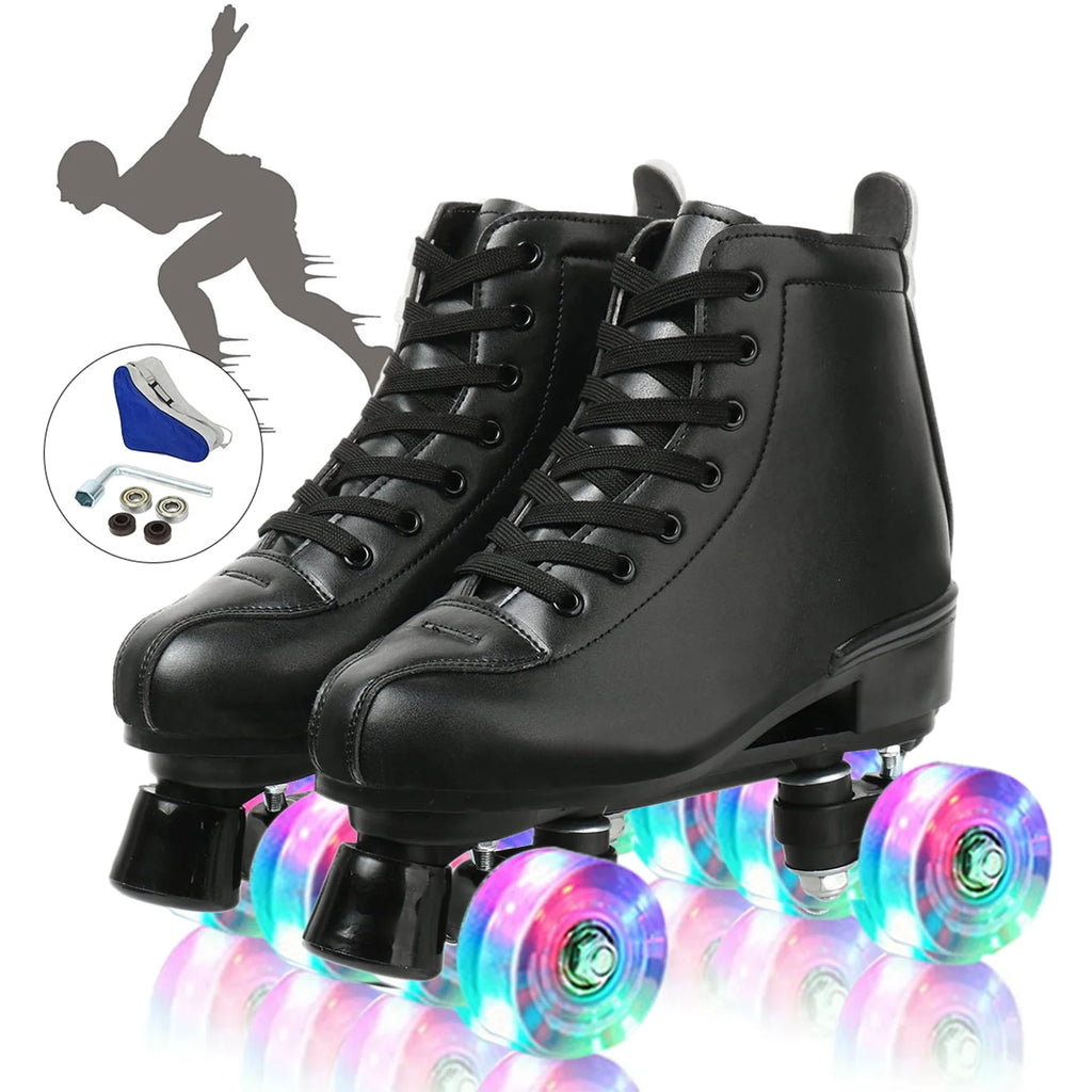 Flashing Wheels Leather Double-Row Roller Skates B58527