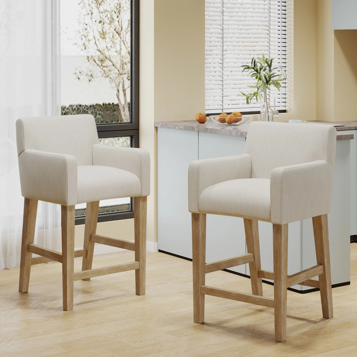Beige Fabric Upholstered Wood 26 inch Counter Stools Set of 2 M284