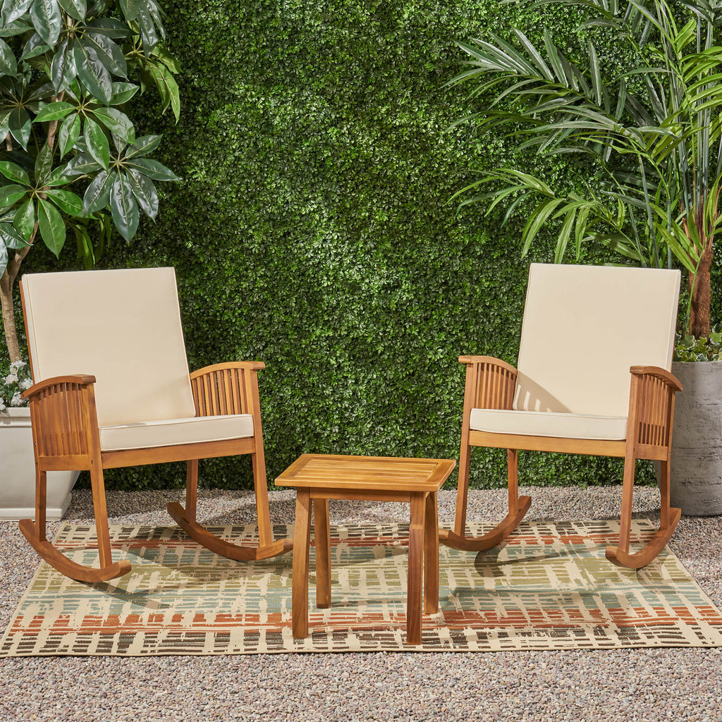 2 Seater Acacia Wood Rocking Chairs and Side Table Set I958