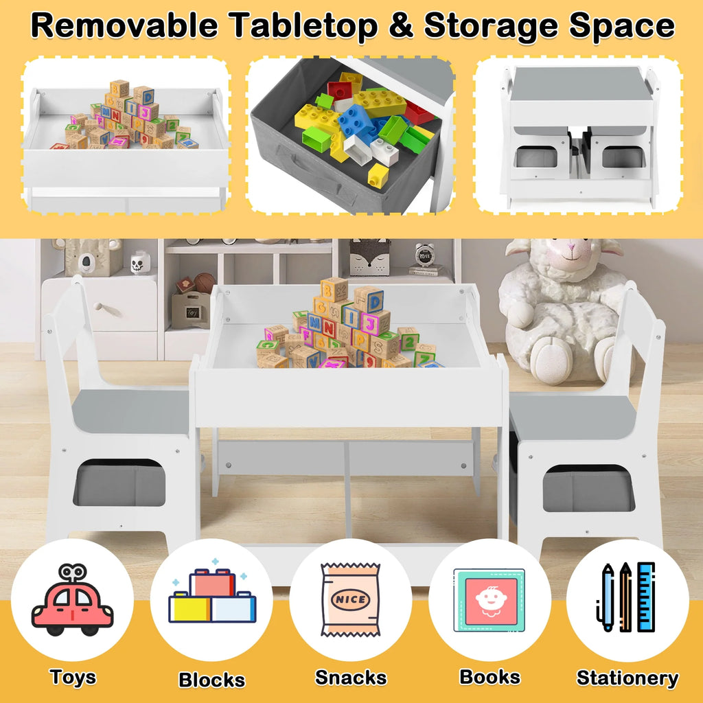 3 in 1 Kids Wood Table & 2 Chairs Set Grey Q352