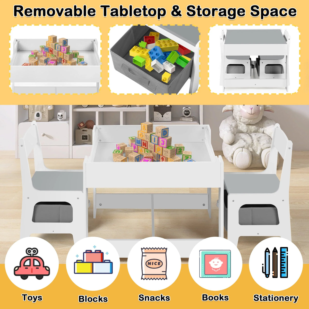 3 in 1 Kids Wood Table & 2 Chairs Set Grey Q352