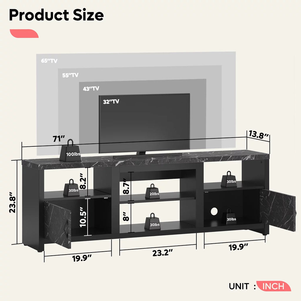 70 LED TV Stand with Cabinet & Open Shelves, Black Marble N87305