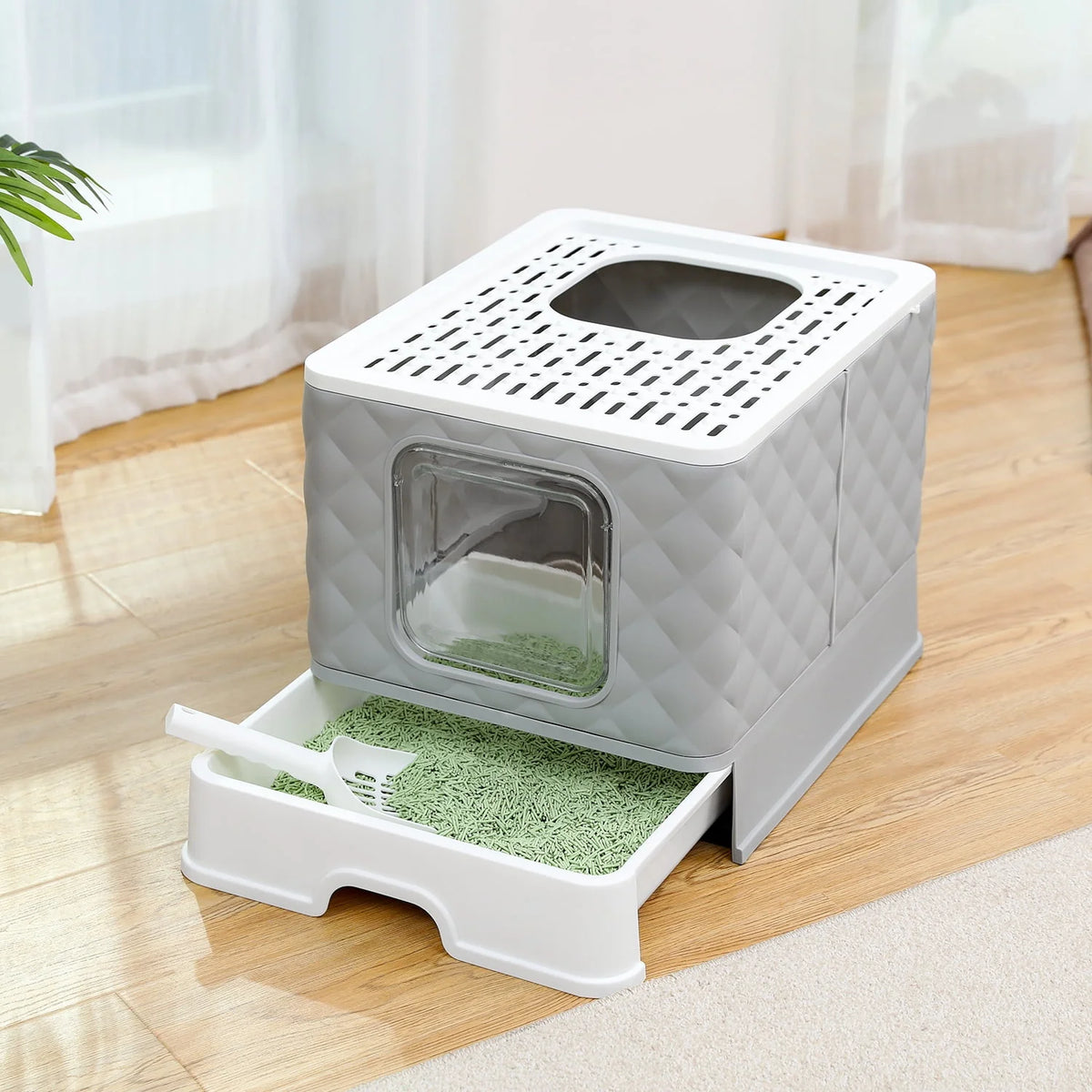 Enclosed Cat Litter Box with Lid Drawer Type Gray N2316