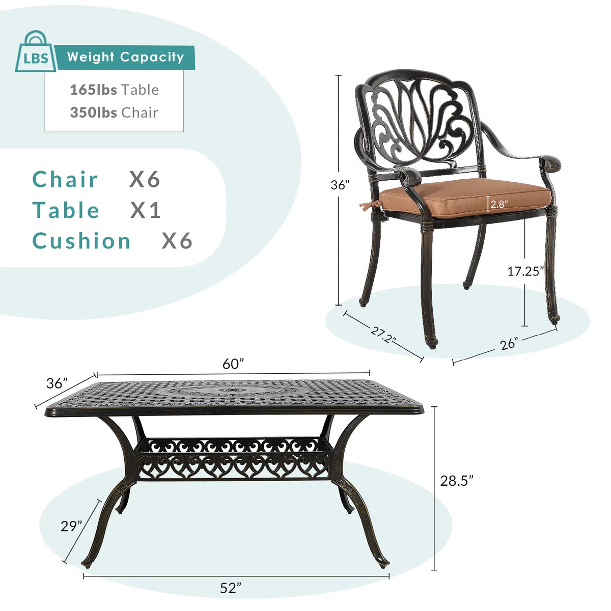 7 Piece Cast Aluminum Outdoor Dining Set with Cushioned Chairs Y11538