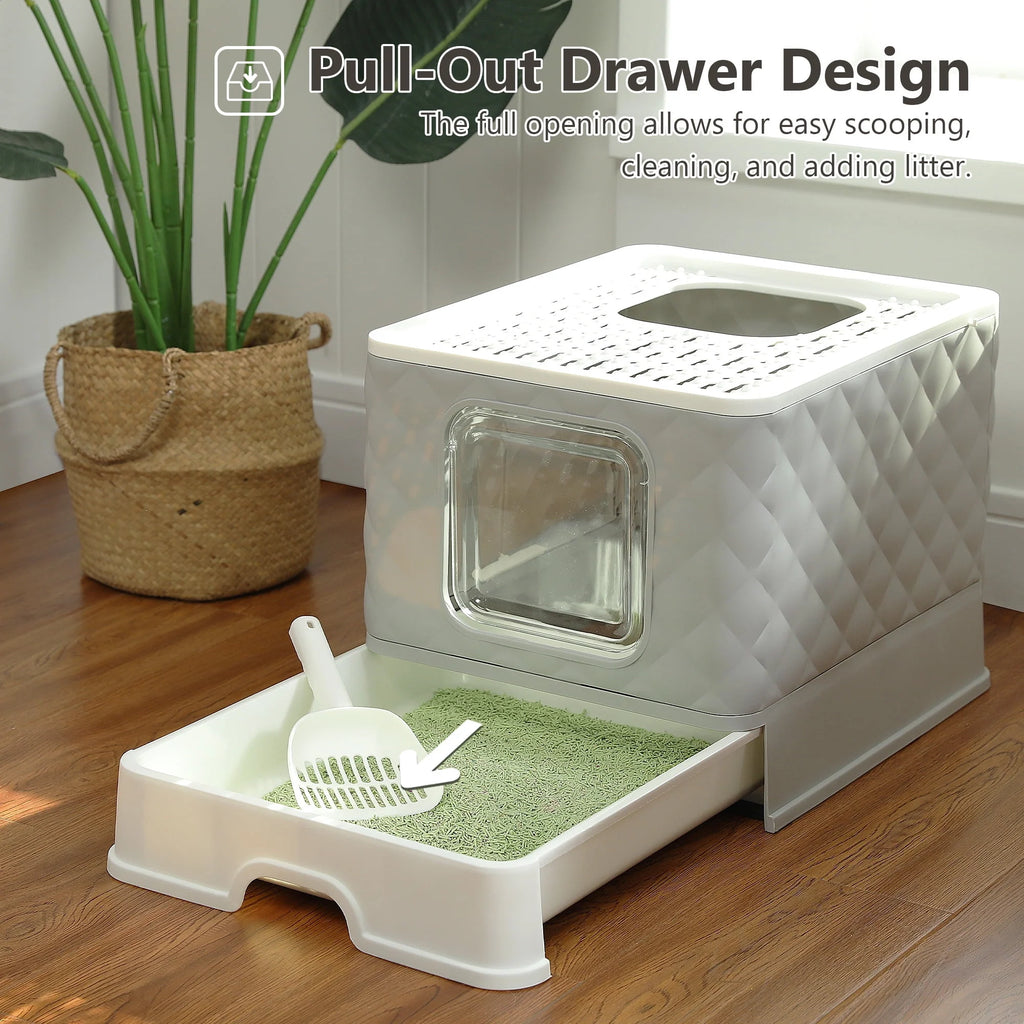 Enclosed Cat Litter Box with Lid Drawer Type Gray N2316