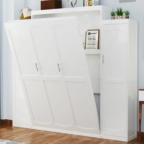 Queen Murphy Bed with 2 Wardrobes and Storage Shelf White Z70358
