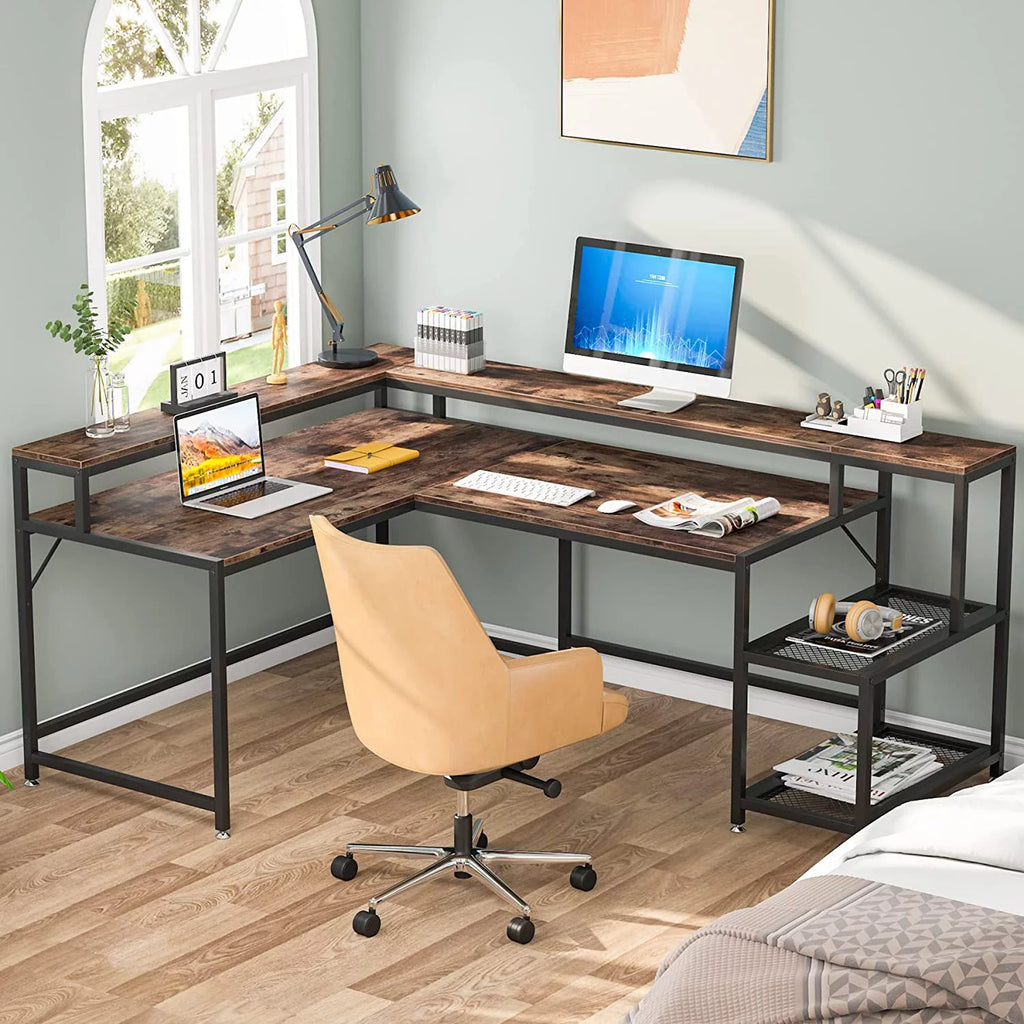 69" Reversible L Shaped Corner Computer Desk with Monitor Stand Z84010