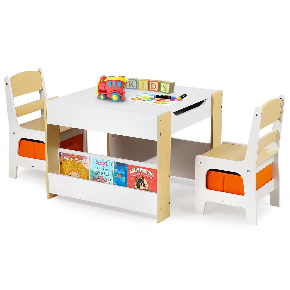 3 in 1 Kids Wood Table & 2 Chairs Set Grey Q352