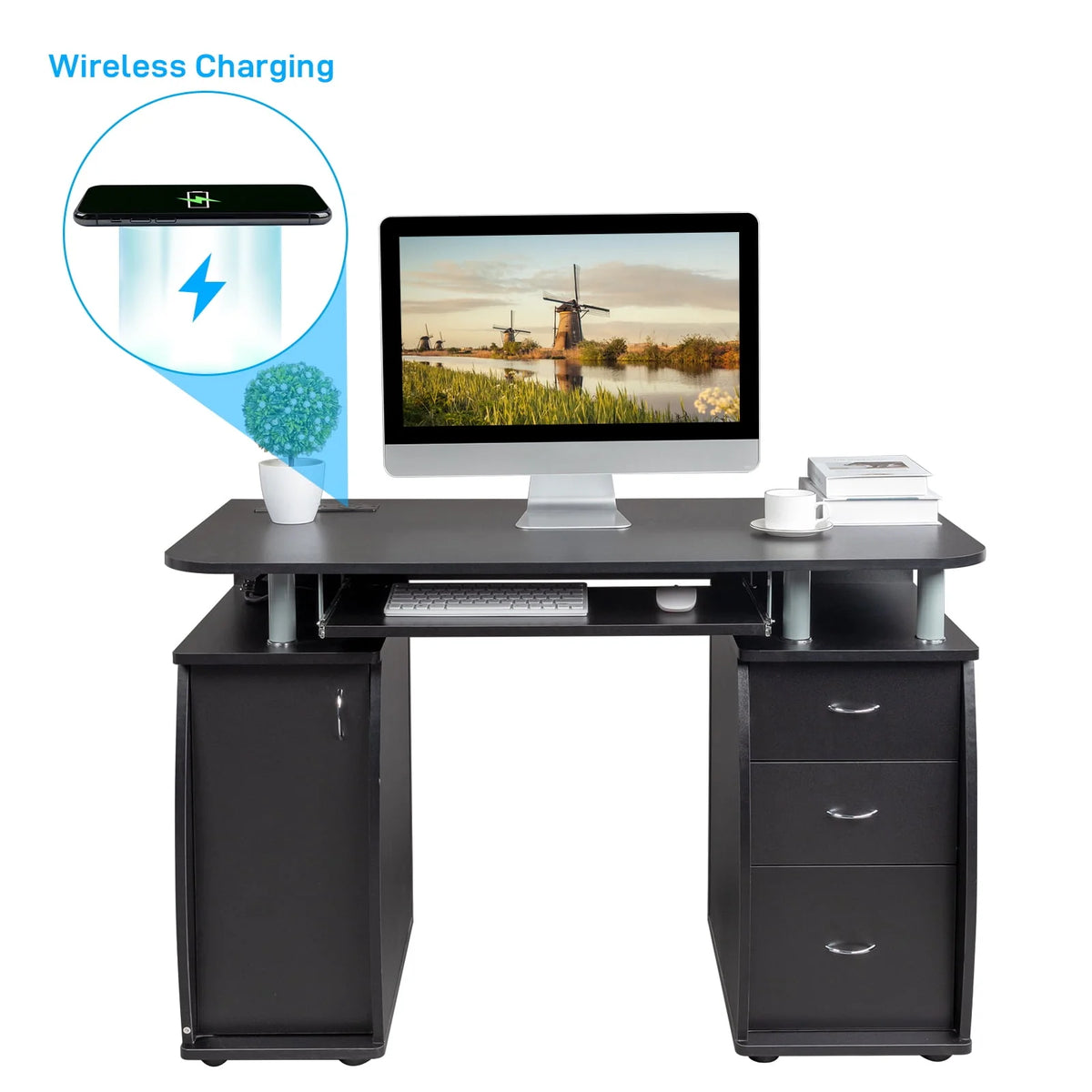 Brown Computer Desk with 3 Drawers Bookcase U435685