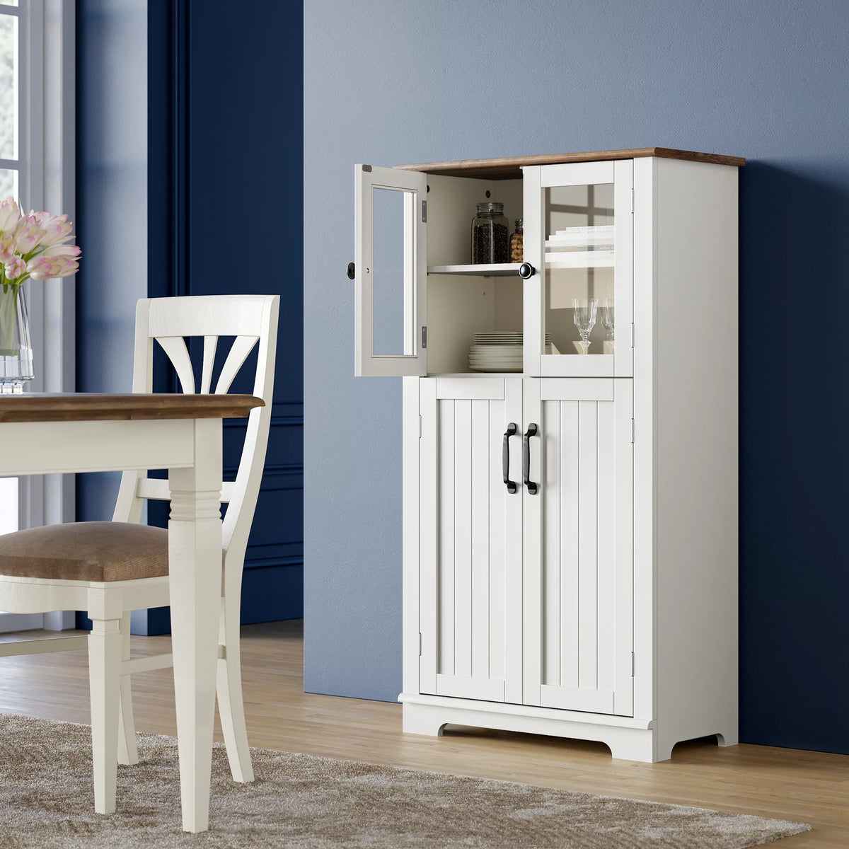 White Wood Bathroom Cabinet with Glass Doors and Adjustable Shelves S64161