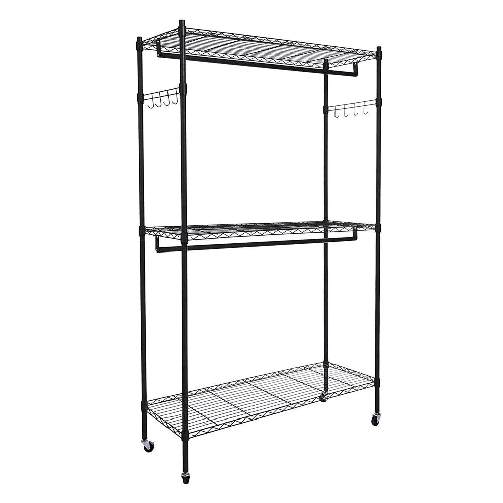 Black 2-Tier Rolling Garment Rack with Double Clothes Rod J91773