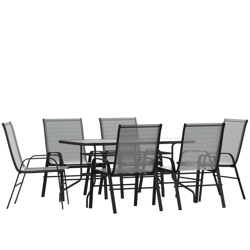 7-Piece Black Rippled Glass Patio Table Set with 6 Chairs O94948