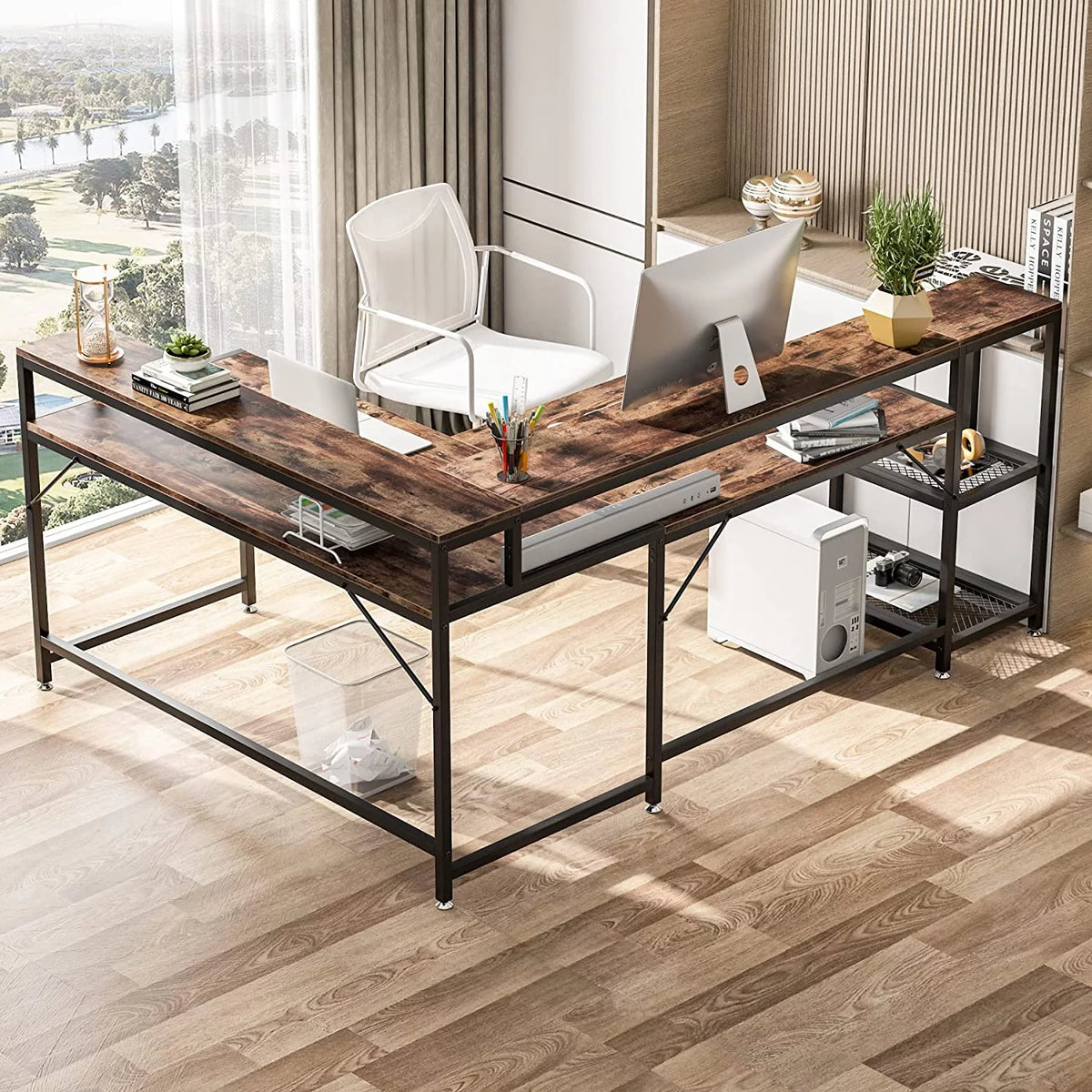 69" Reversible L Shaped Corner Computer Desk with Monitor Stand Z84010