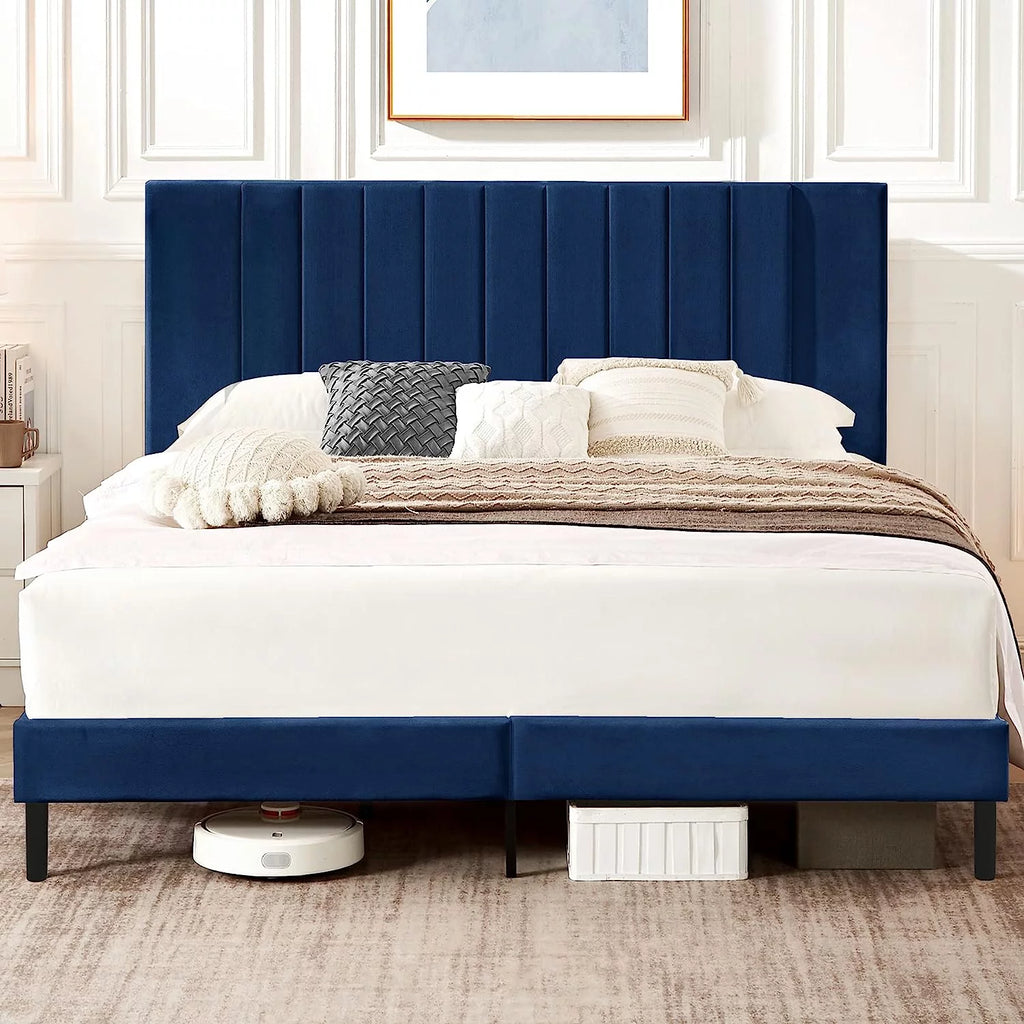 White Upholstered Full Size Bed Frame with High Headboard T47427