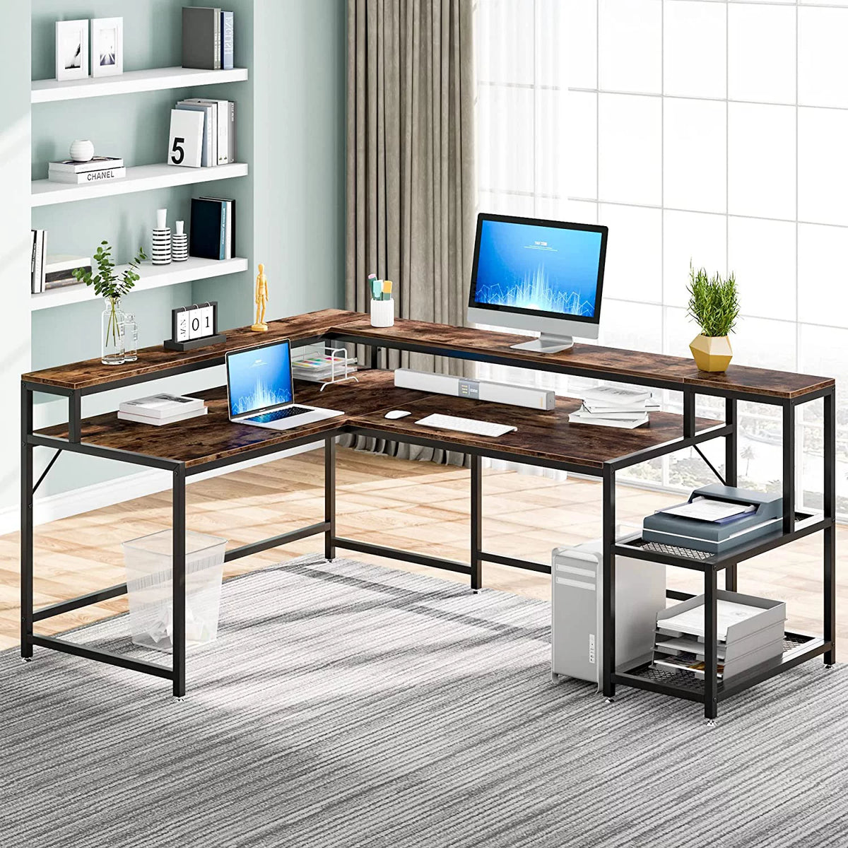 69" Reversible L Shaped Corner Computer Desk with Monitor Stand Z84010