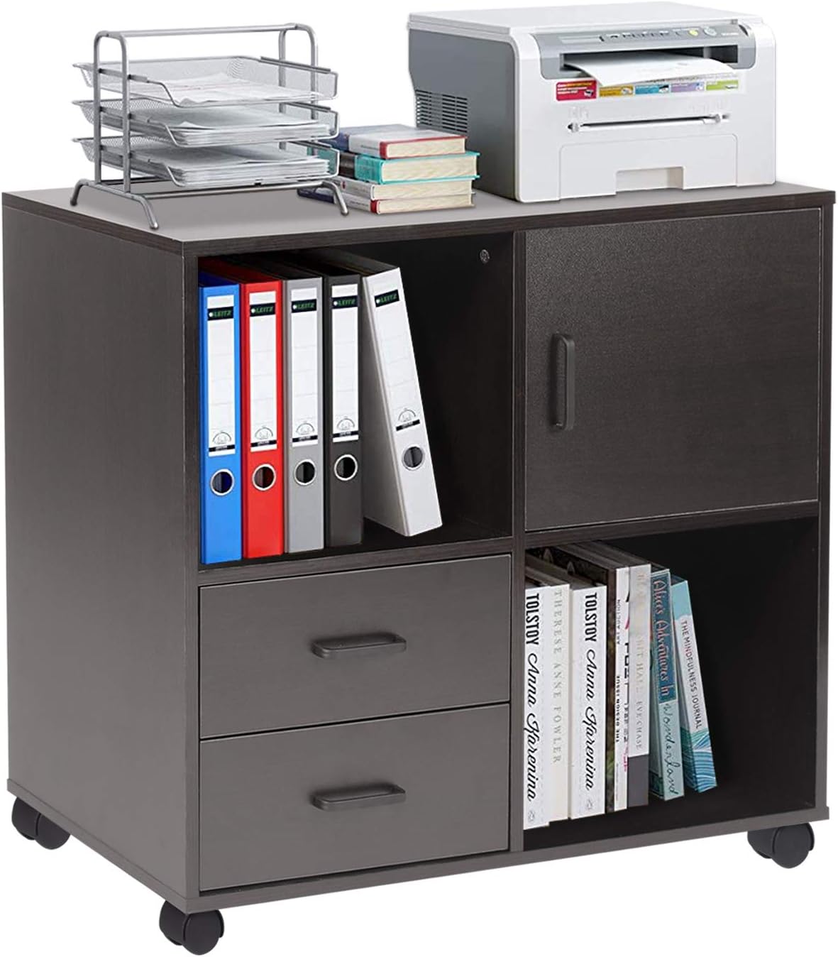 2 Drawer Wood File Cabinet with Shelves and Wheels H868