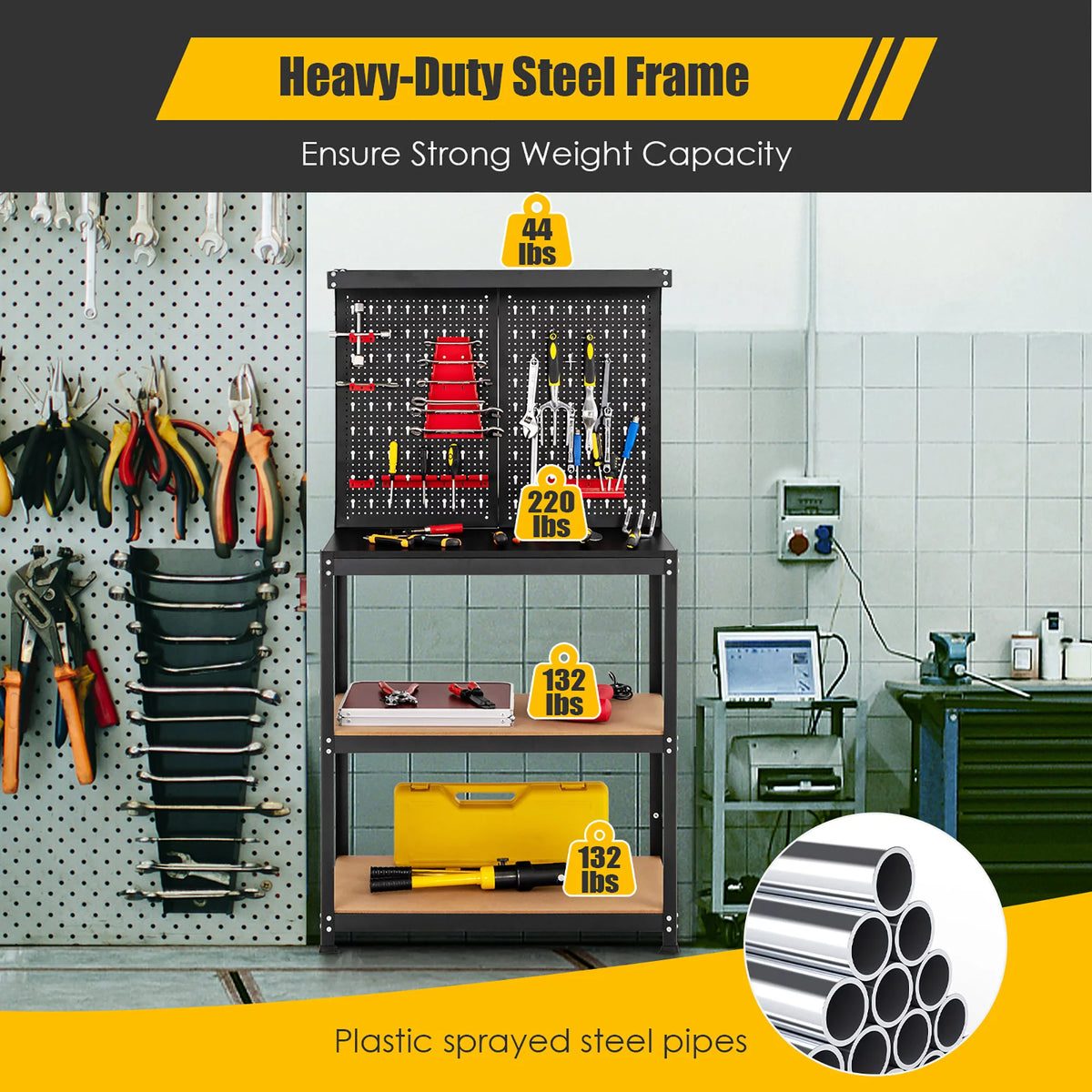 Tool Storage Workbench 4 Shelf Worktable with Peg Board Q877011