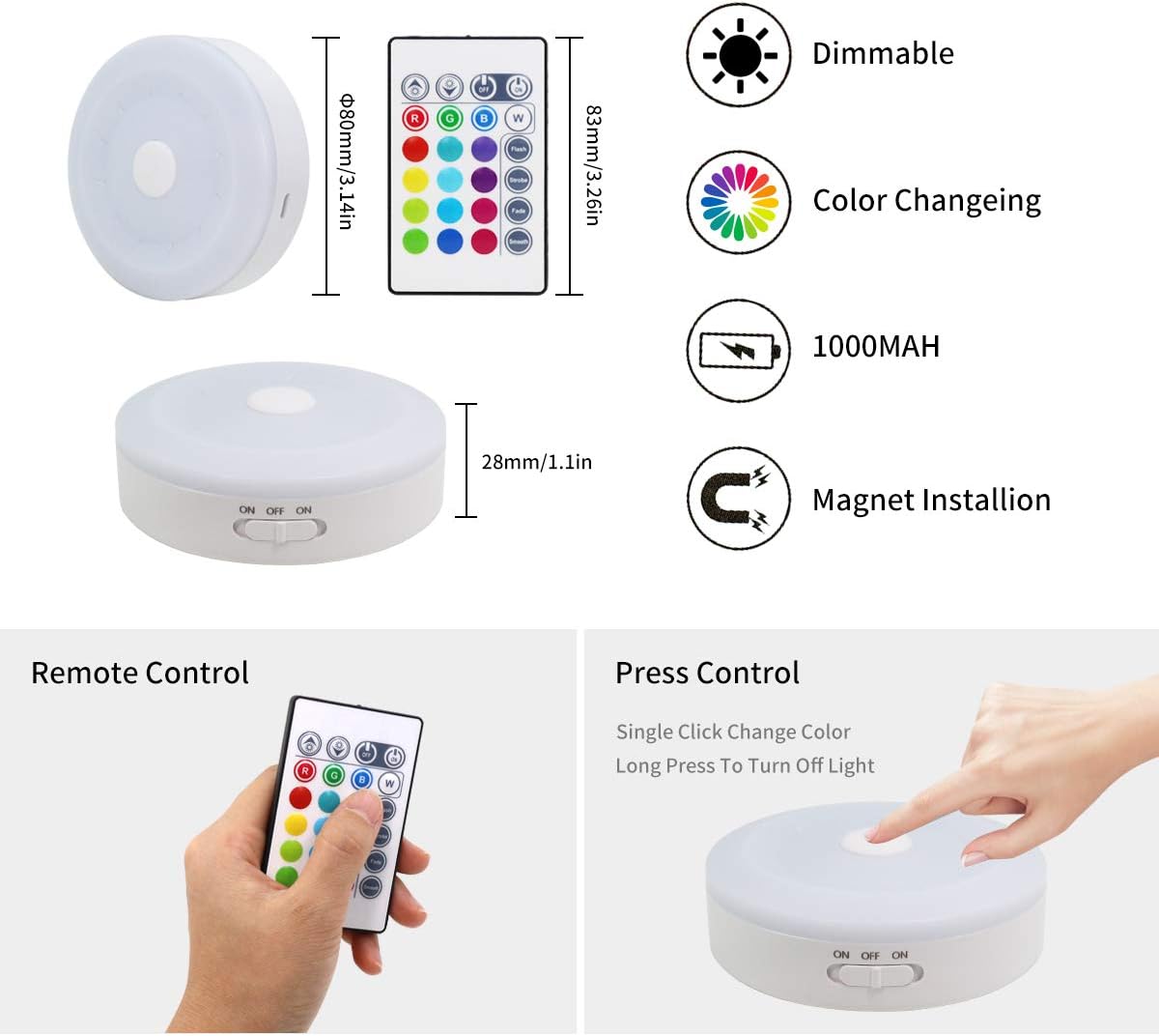 RGB Wireless Rechargeable Puck Lights 3 Pack W28079