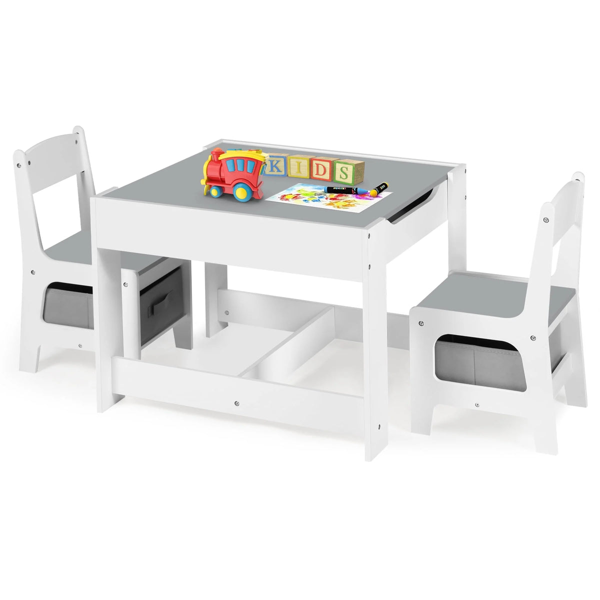 3 in 1 Kids Wood Table & 2 Chairs Set Grey Q352