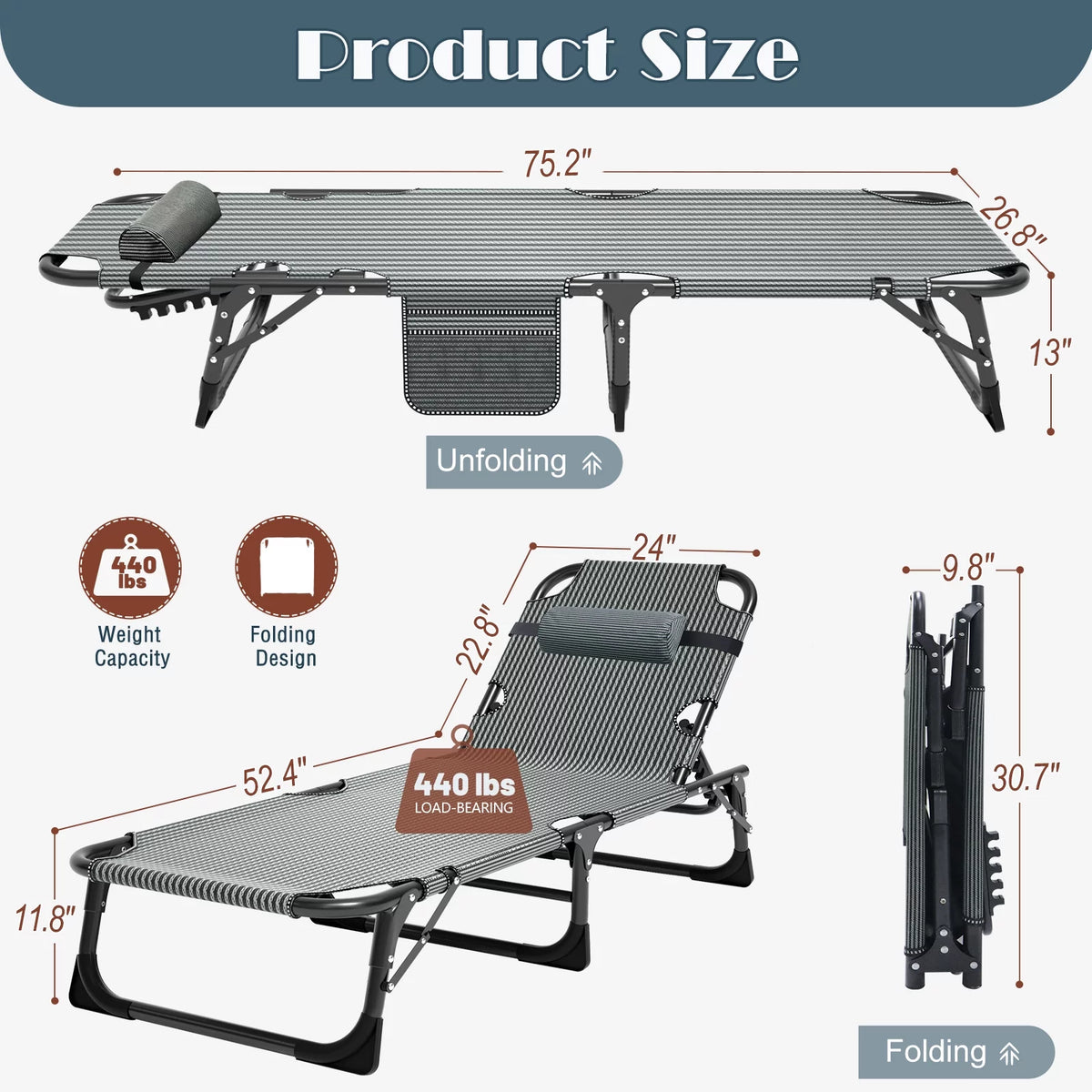 Adjustable 4-Position Folding Camping Cot with Pillow V7098