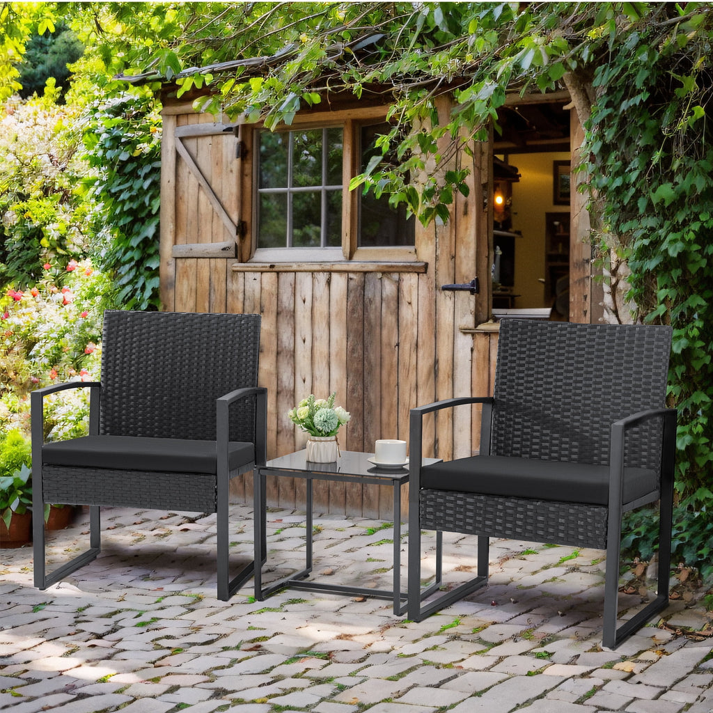 Black 3-Piece Wicker Bistro Chair Set with Coffee Table Y186