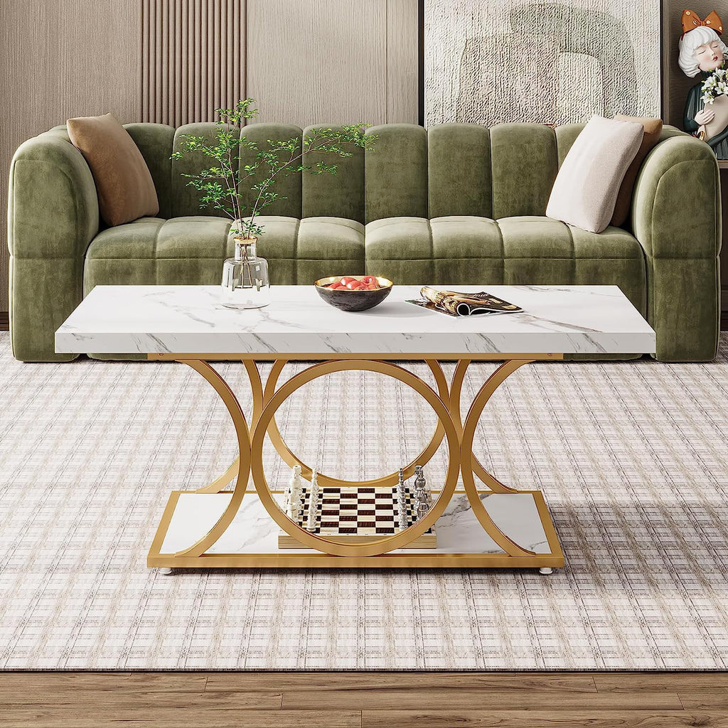 2-Tier Faux Marble Wood Coffee Table with Storage Shelf W84570