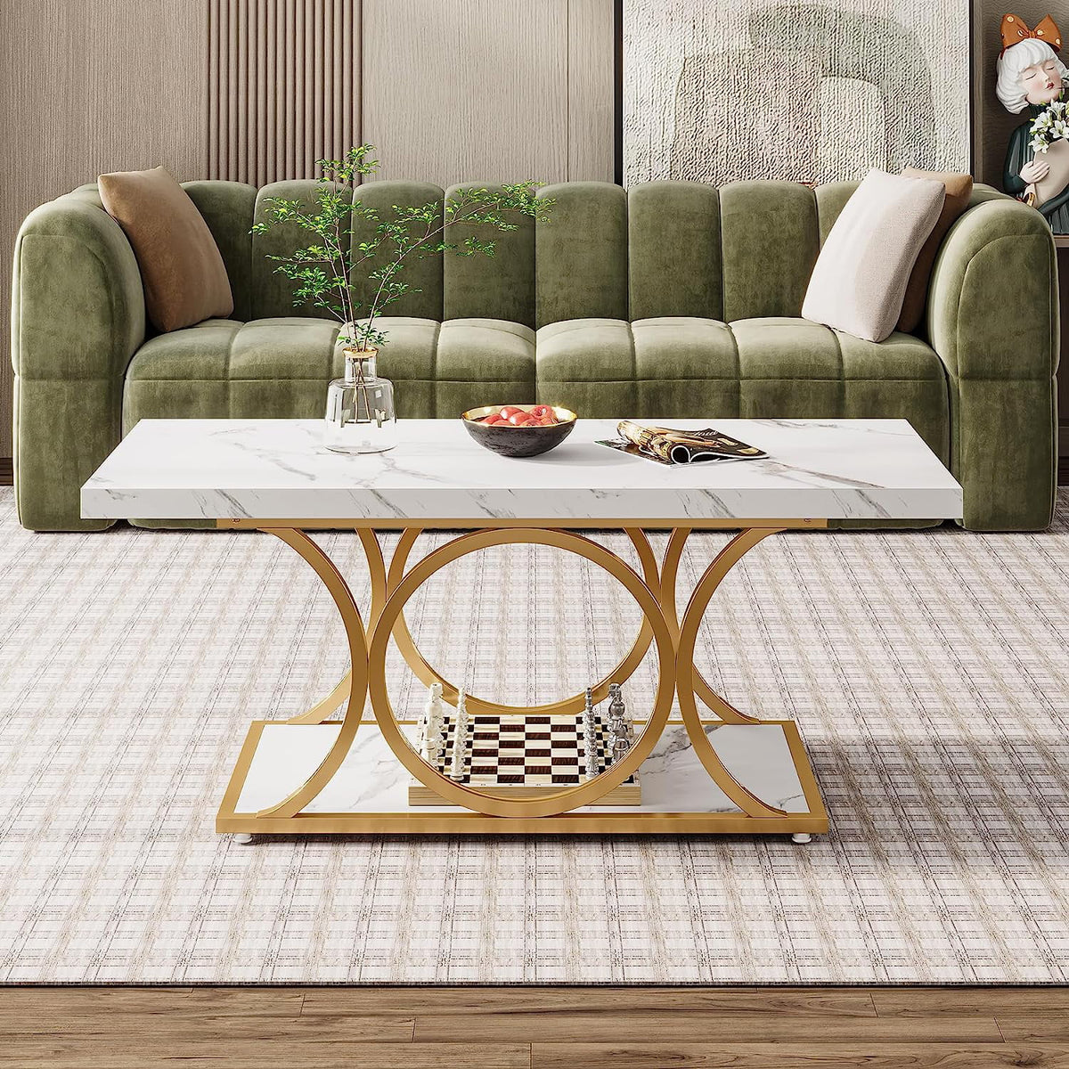 2-Tier Faux Marble Wood Coffee Table with Storage Shelf W84570