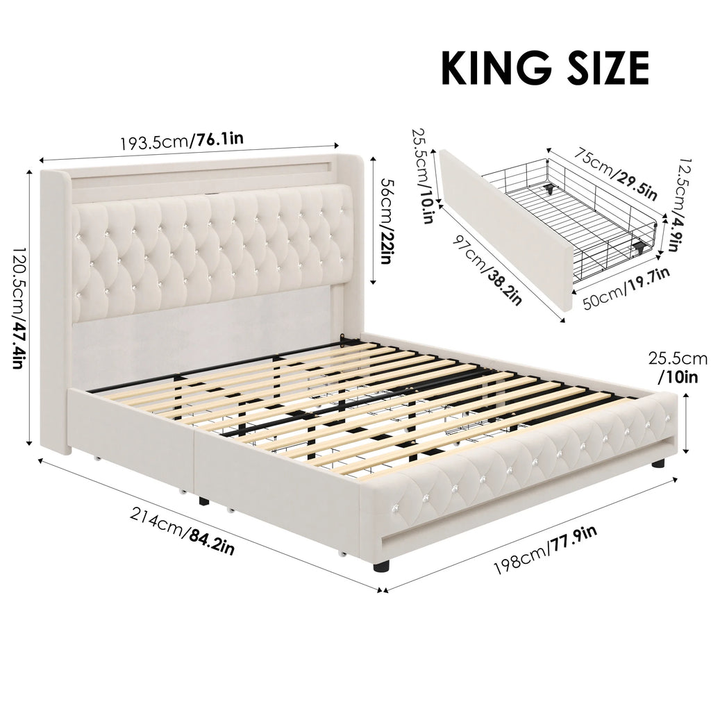 King Size LED Bed Frame with 4 Storage Drawers D81251