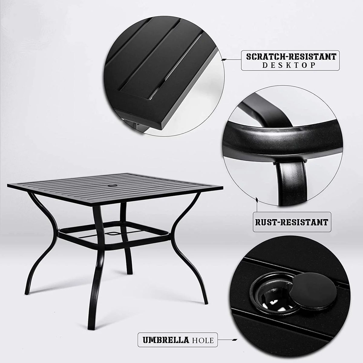 37 Outdoor Patio Square Metal Dining Table with Umbrella Hole, Black Y16115