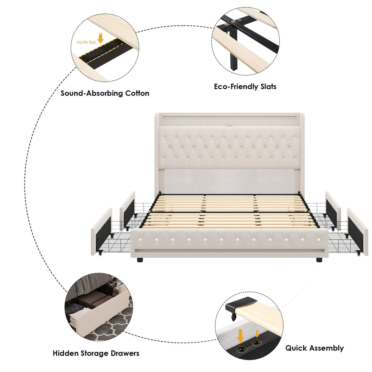 King Size LED Bed Frame with 4 Storage Drawers D81251