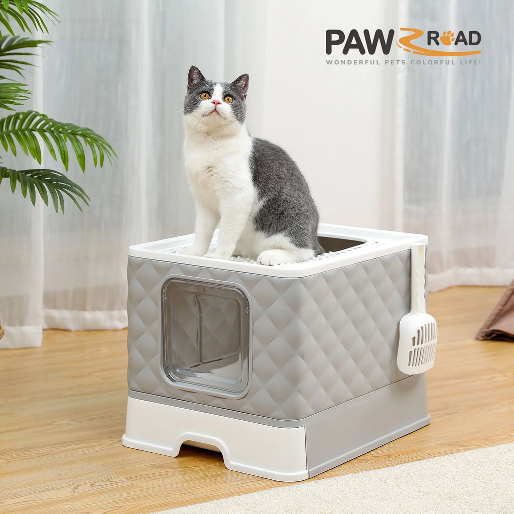Enclosed Cat Litter Box with Lid Drawer Type Gray N2316
