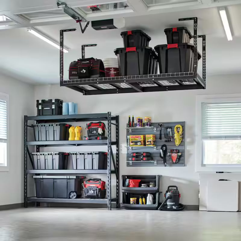 Adjustable Height Garage Overhead Ceiling Storage Rack in Black P639993