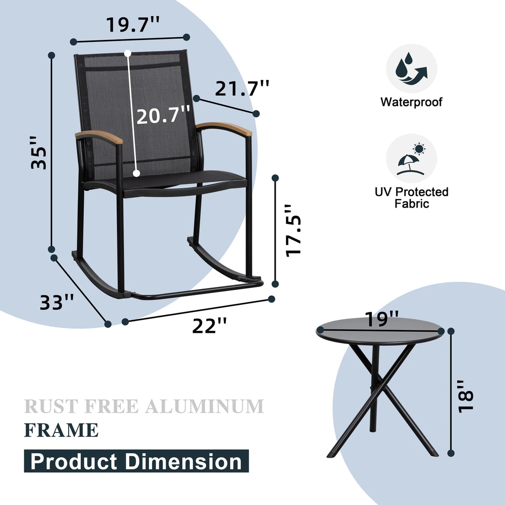 3 Pieces Patio Set Rocking Bistro Textilene Chair Black I3325