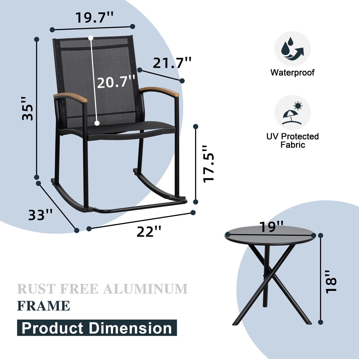 3 Pieces Patio Set Rocking Bistro Textilene Chair Black I3325