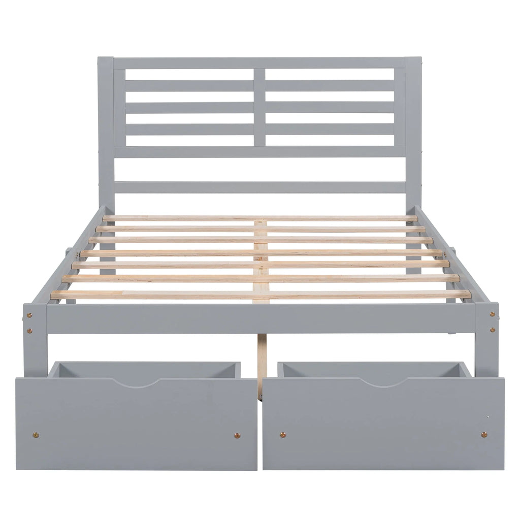 Gray Pine Wood Full Size Platform Bed Frame with Headboard and Drawers T7985