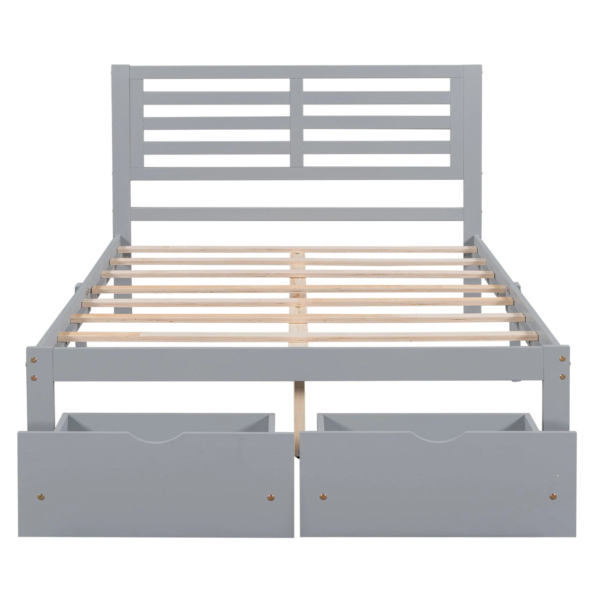 Gray Pine Wood Full Size Platform Bed Frame with Headboard and Drawers T7985