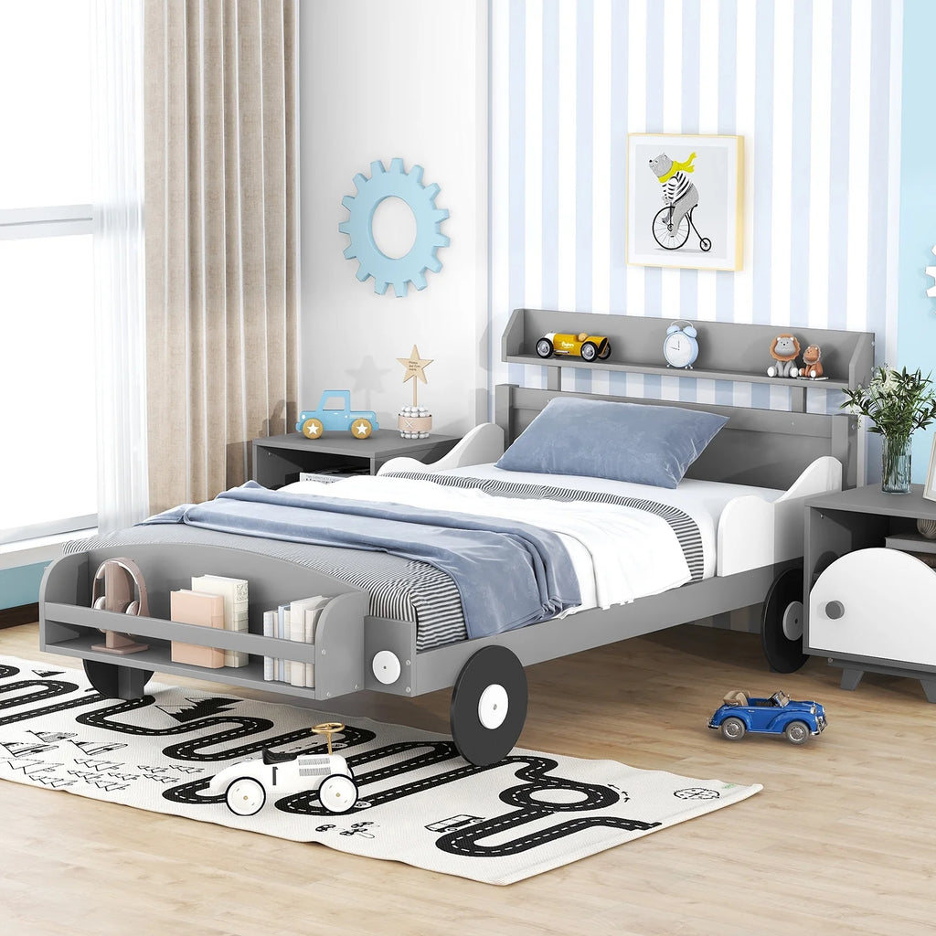 Twin Size Car-Shaped Platform Bed with Storage Shelf U1751