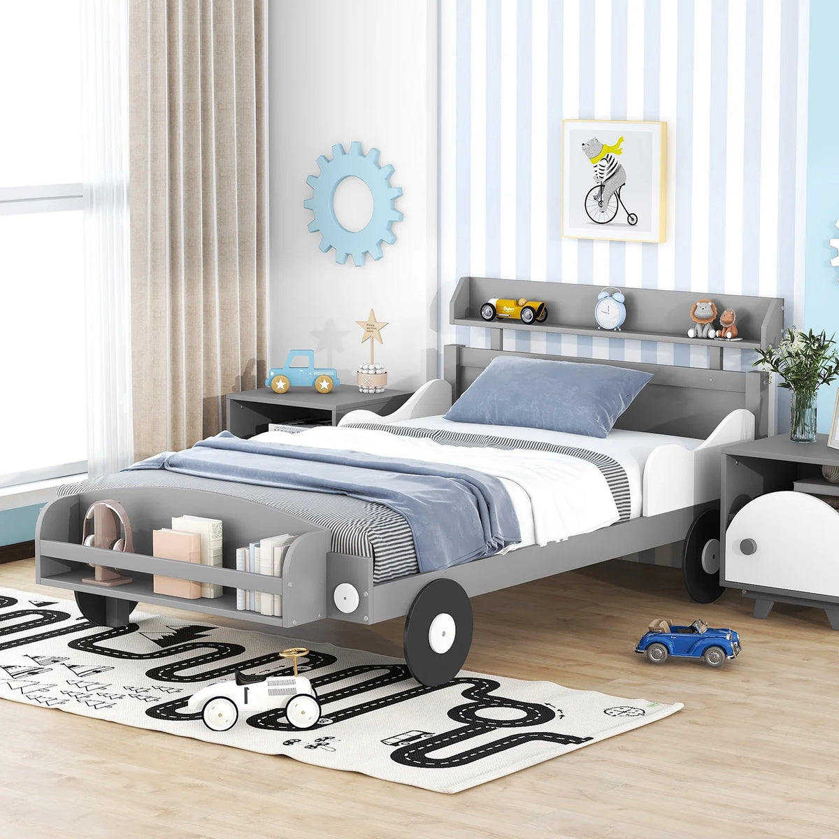 Twin Size Car-Shaped Platform Bed with Storage Shelf U1751