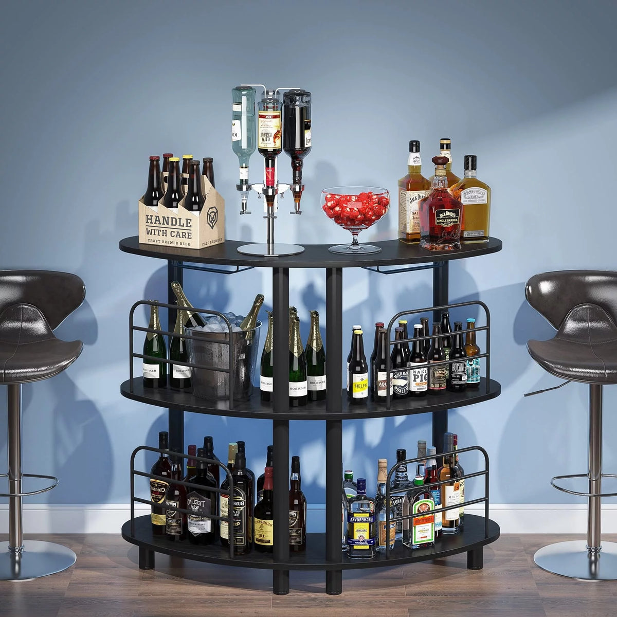 3 Tier Black Bar Cabinet with Storage Shelves E184