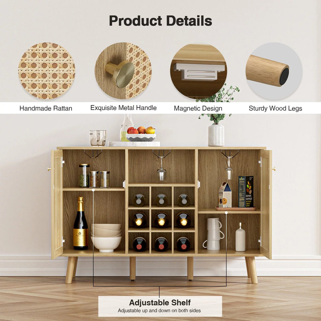 Oak Rattan Wine Bar Cabinet with Wine Rack and Glass Holder W714