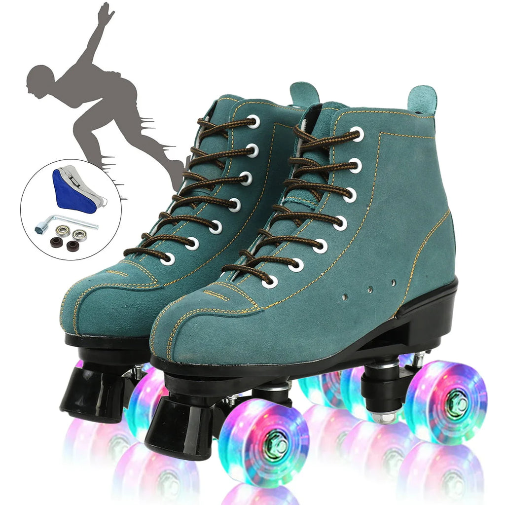 Flashing Wheels Leather Double-Row Roller Skates B58527