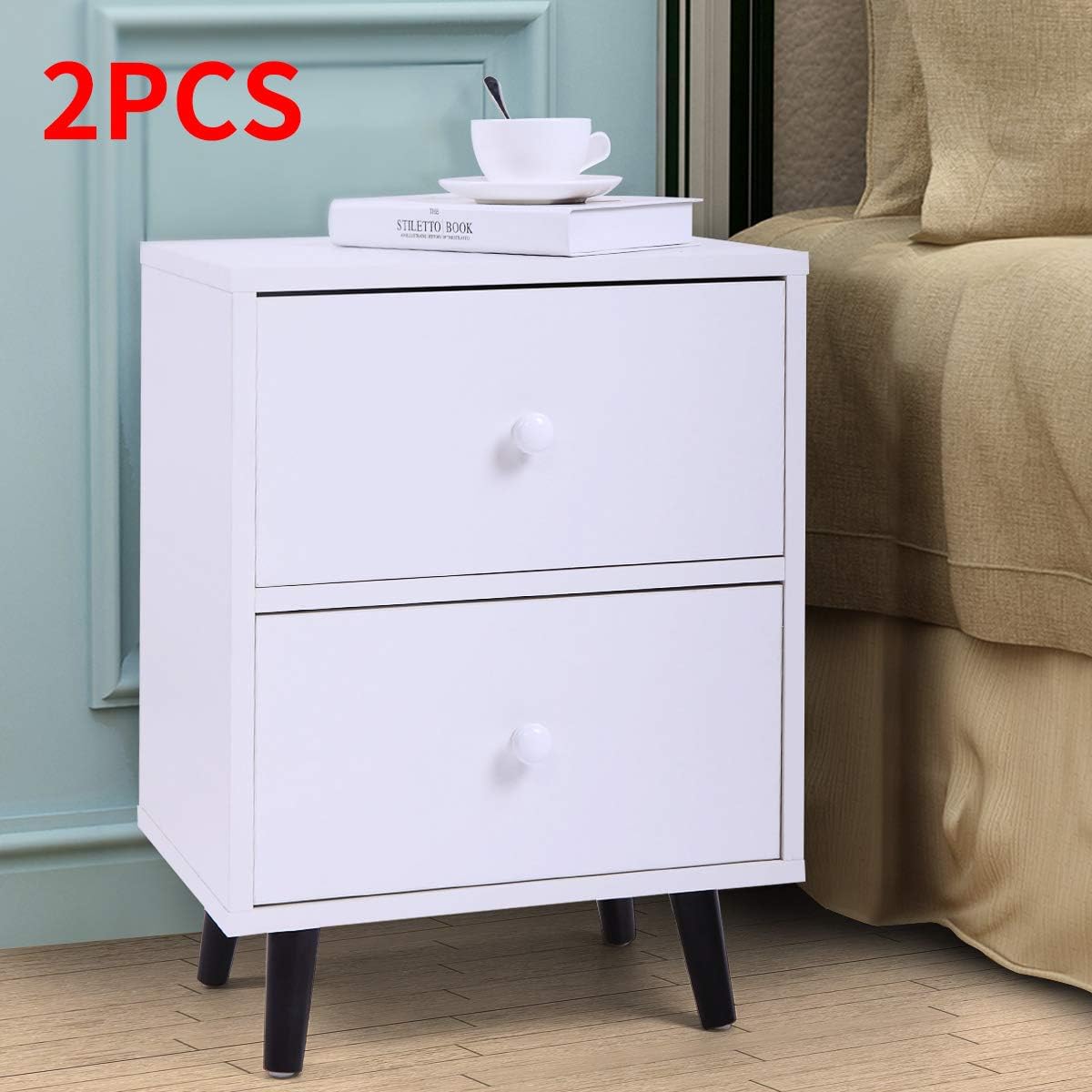 Set of 2 White 2 Drawer Wood Nightstand G738306