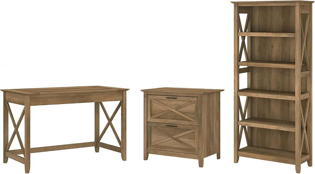 Reclaimed Pine Writing Desk with File Cabinet and Bookcase F278307
