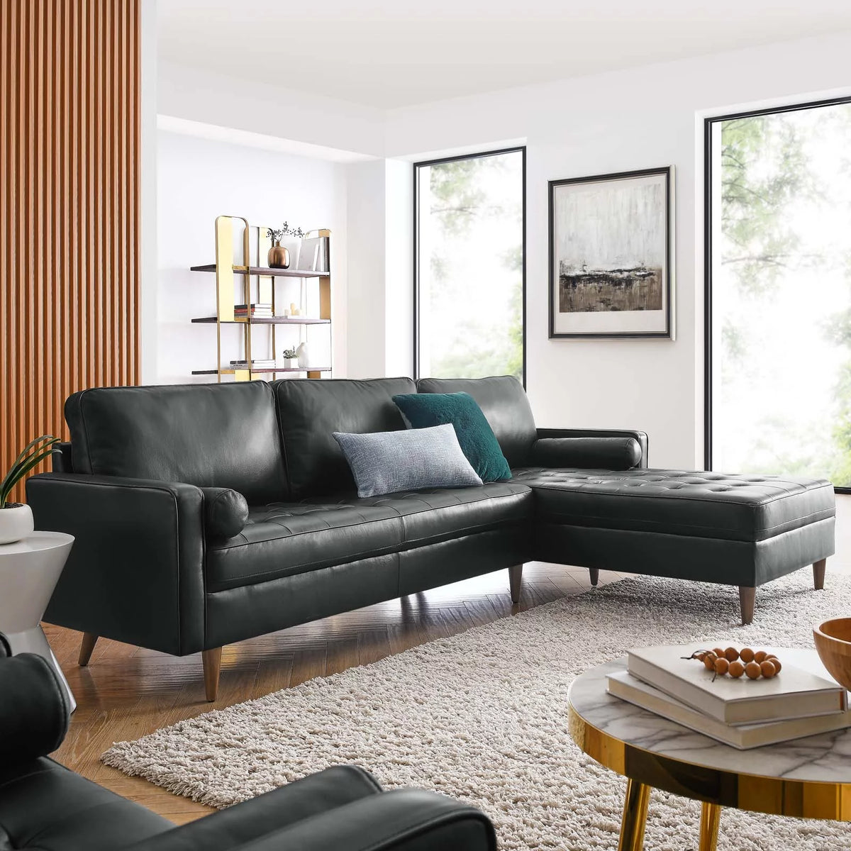 Black Leather Sectional Sofa S9736
